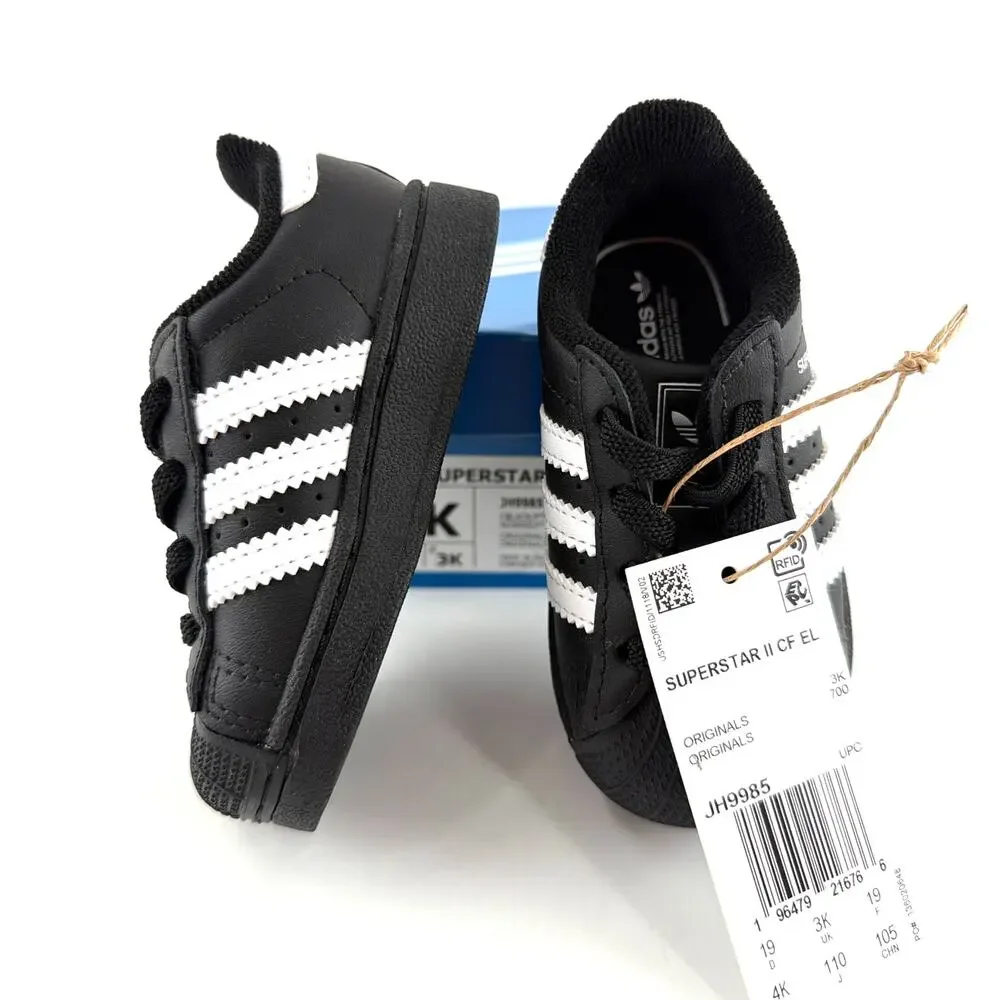 Adidas Kids Core Black Cloud White Superstar II Elastic Lace Shoes Size 4K